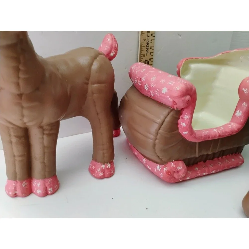 Vintage 1987 Kimple Softy Ceramic Reindeer Sleigh Set 3 Pc Quilted Pink Decor